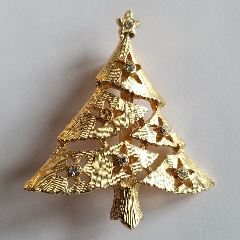 Vintage Christmas Tree brooch gold tone pin Xmas holiday jewelry